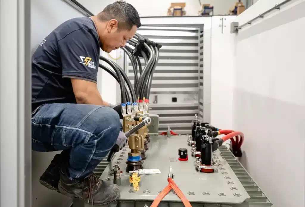 Medewerker DBT-Energie aan het werk met een transformator in een compactstation.